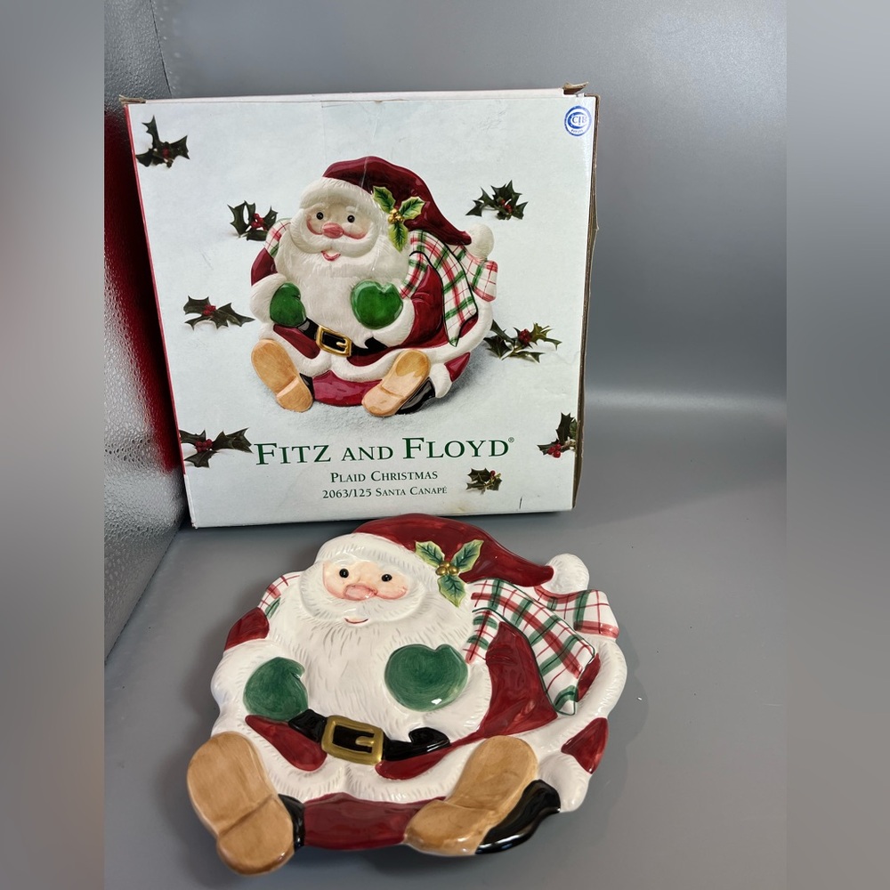 Christmas Fitz and Floyd Plaid Santa Canape Candy Dish Vintage 2063/125 Nice!